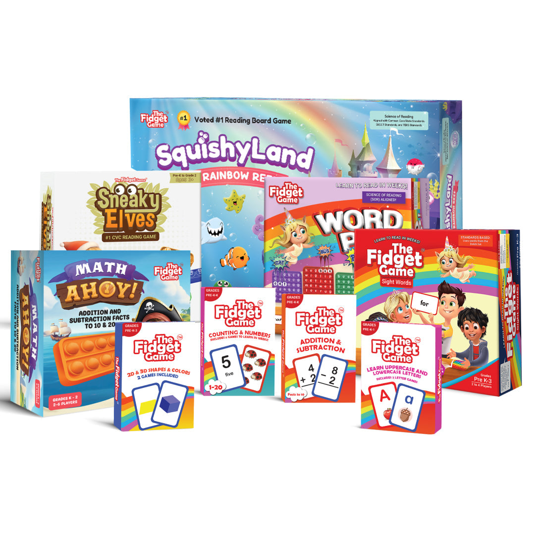 Word Pop game bundle featuring multiple fidget board game boxes