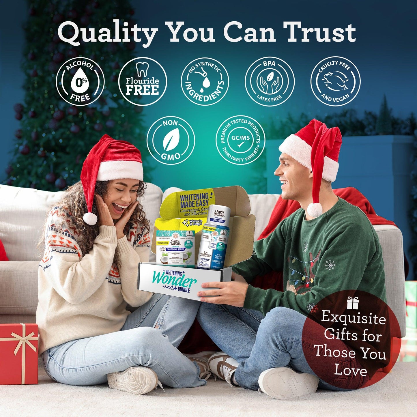 Guru Nanda whitening strips and mouthwash gift set in a box