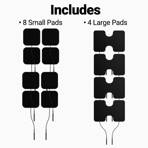 Electrode pad kit set: eight small black pads and four large black pads with leads