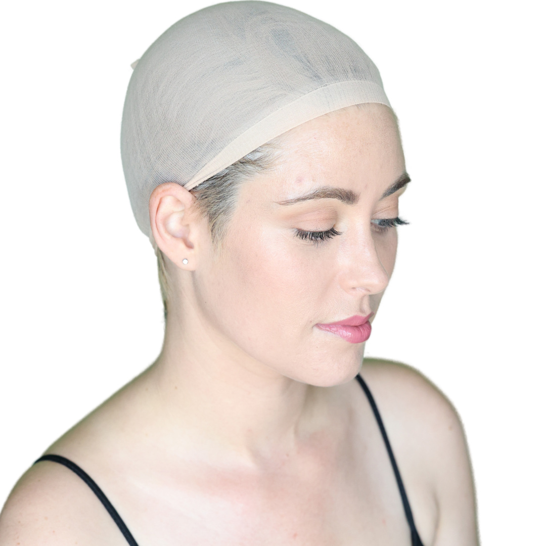 Light-tone under beanie wig cap on model, side profile portrait
