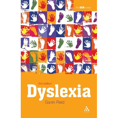 Dyslexia paperback book cover with colorful hand-print pattern, orange title and author text