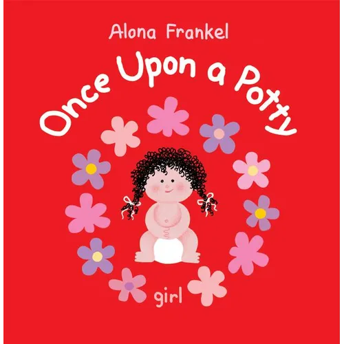 Red hardcover potty book with cartoon girl surrounded by colorful flowers.