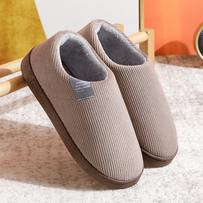 Coffee brown fuzzy-lined knit house slippers with cushioned sole