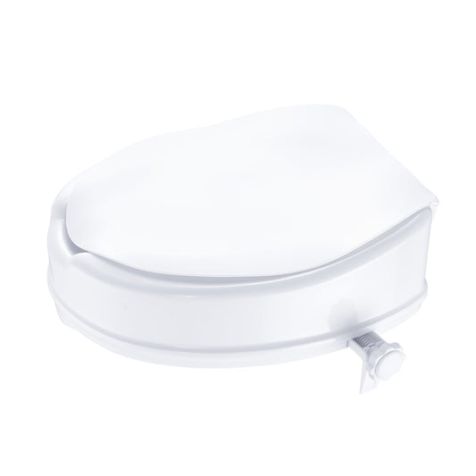 Raised white toilet seat with smooth, curved lid and side adjustment knob