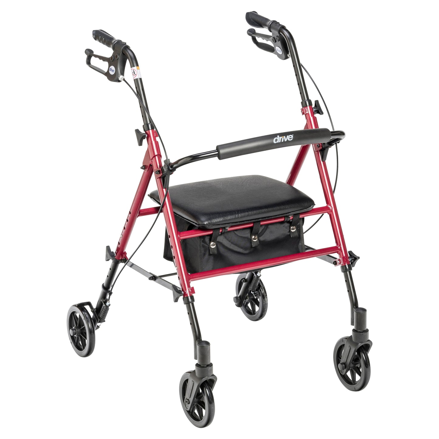 Red rollator rolling walker with 6-inch wheels, padded seat, and adjustable handles
