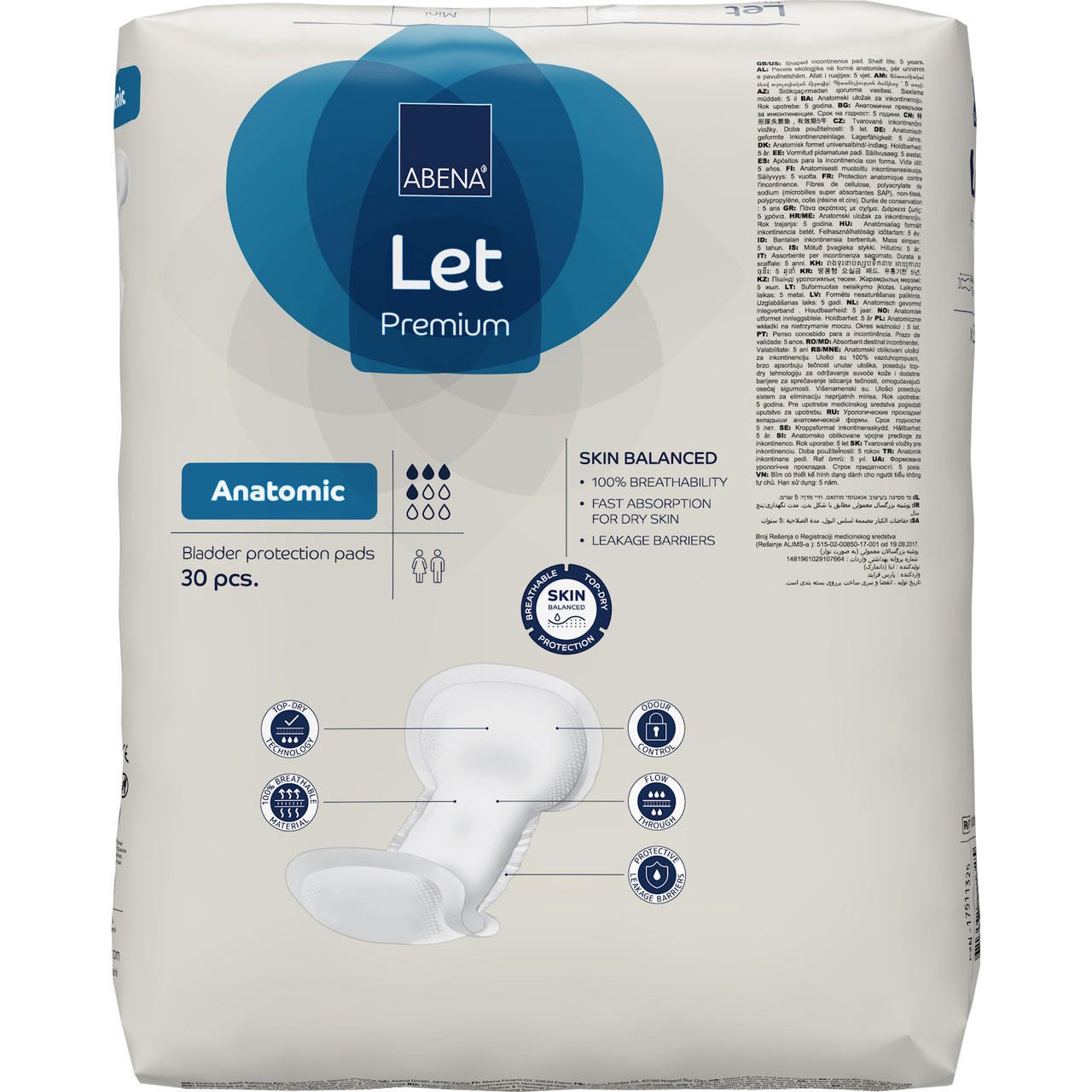 Back of anatomic bladder protection pad pack with icons and usage diagram