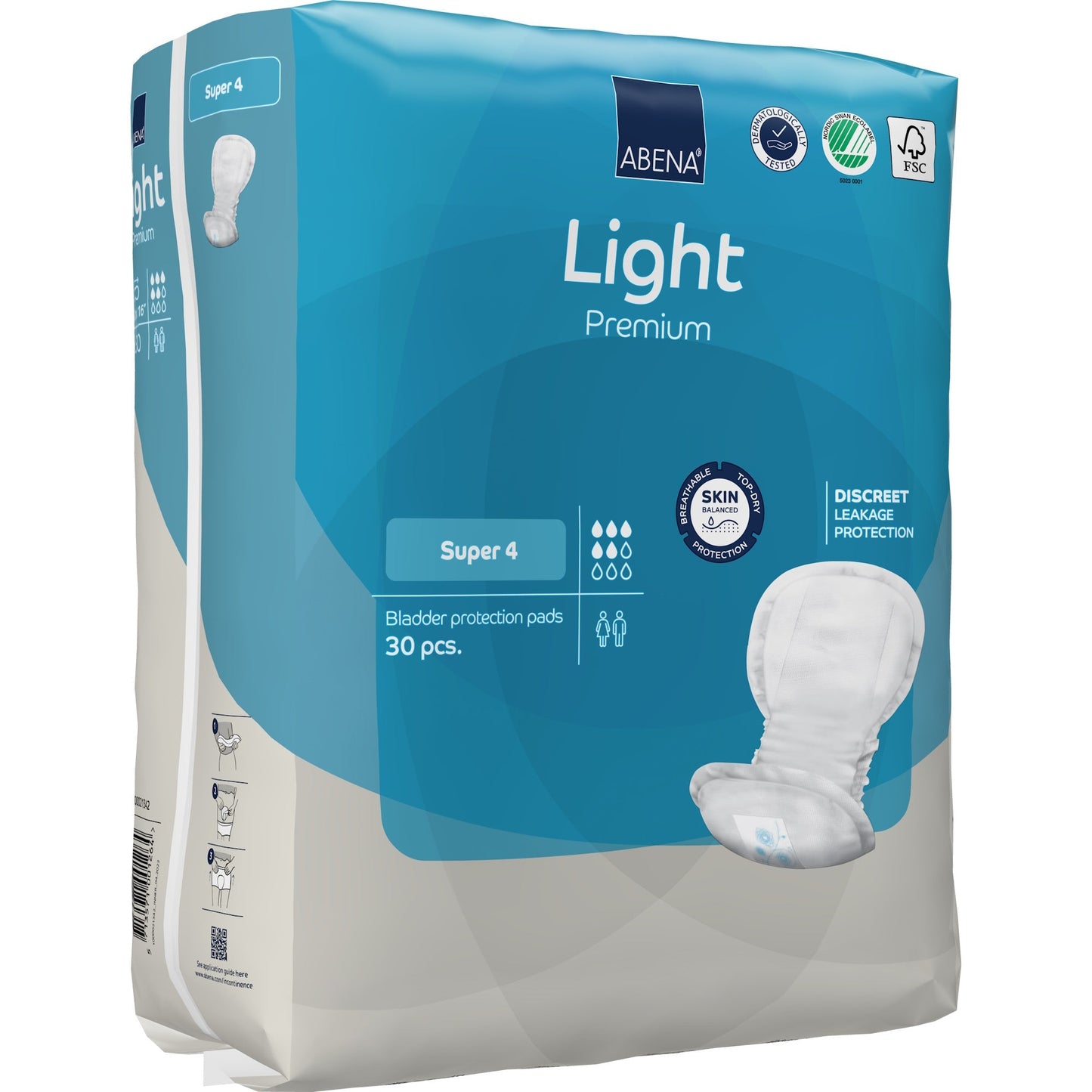 Light Premium Super 4 bladder control pads, pack of 30; box side with pad