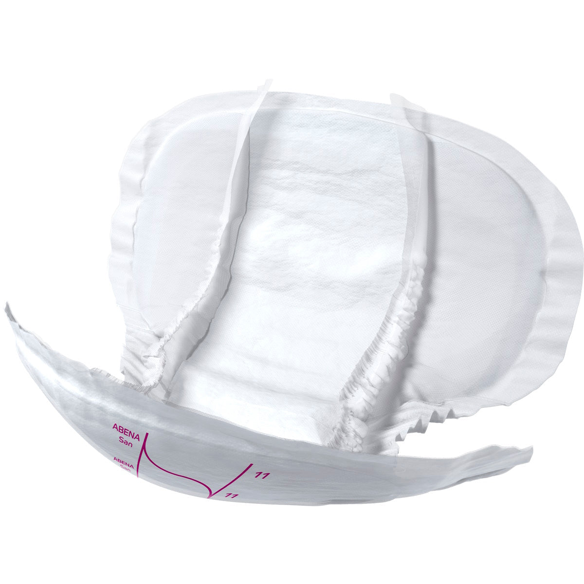 White size 11 San Premium incontinence pad with curved form and side gathers.