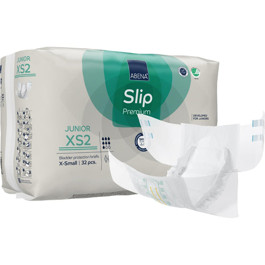 Slip Premium junior incontinence briefs, XS2 X-Small, 32 pcs pack with unfolded brief