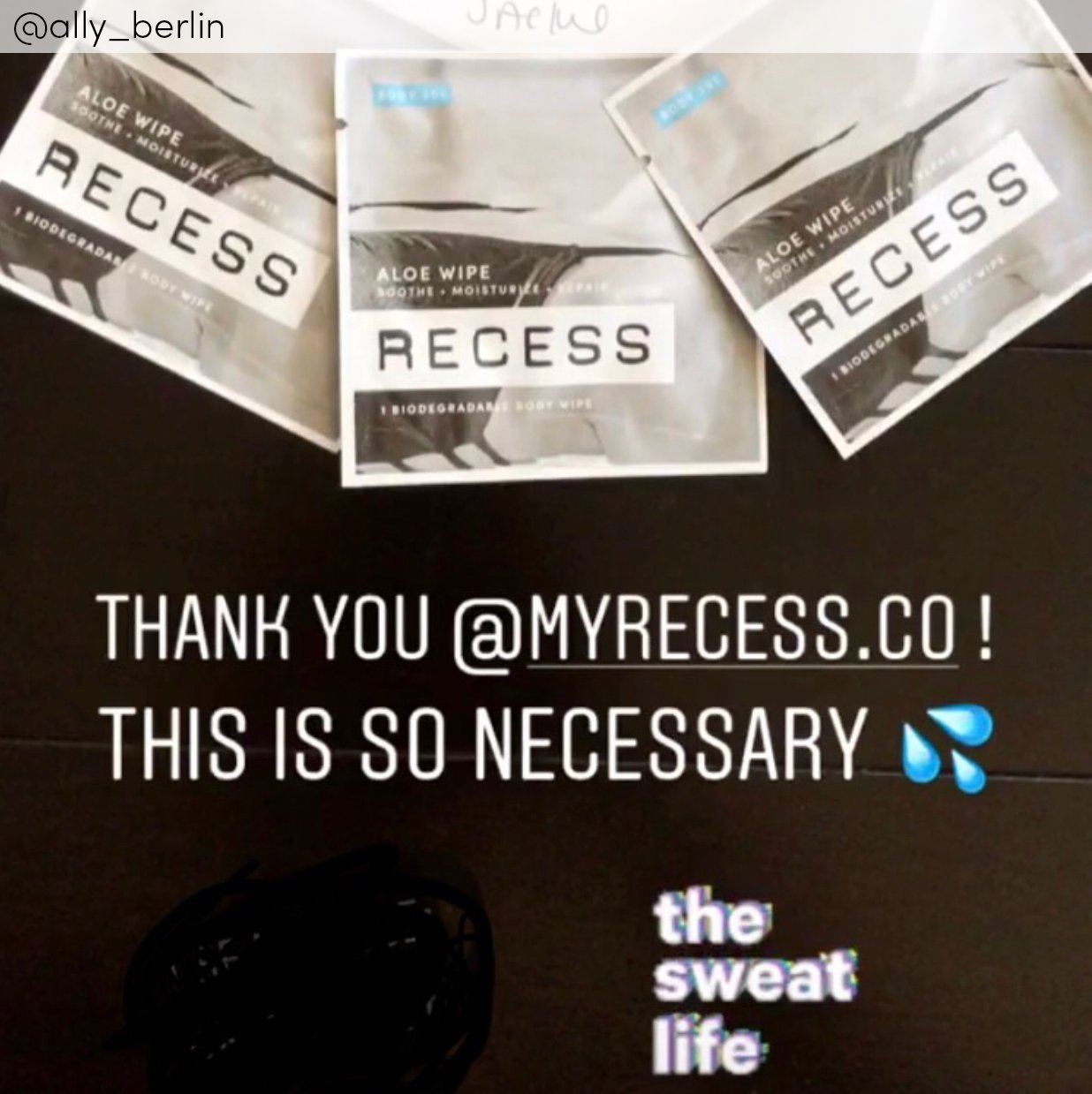 Packages of Recess wipes on a dark surface with promotional text.