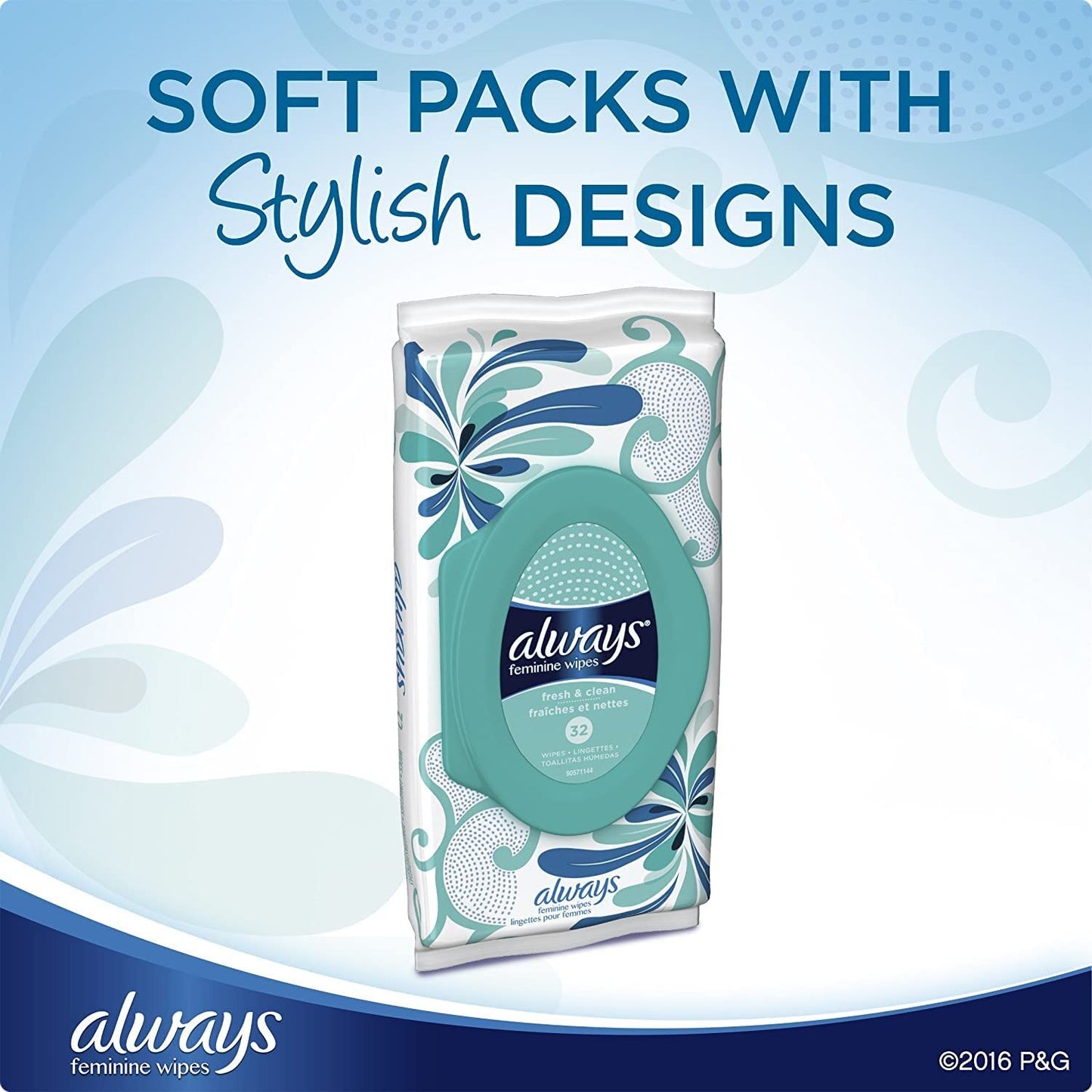 Feminine wipes soft pack with floral teal/blue design; “Soft packs with stylish designs”