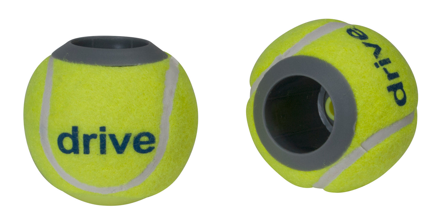 Pair of yellow tennis ball walker glides with gray rubber bases for rear legs