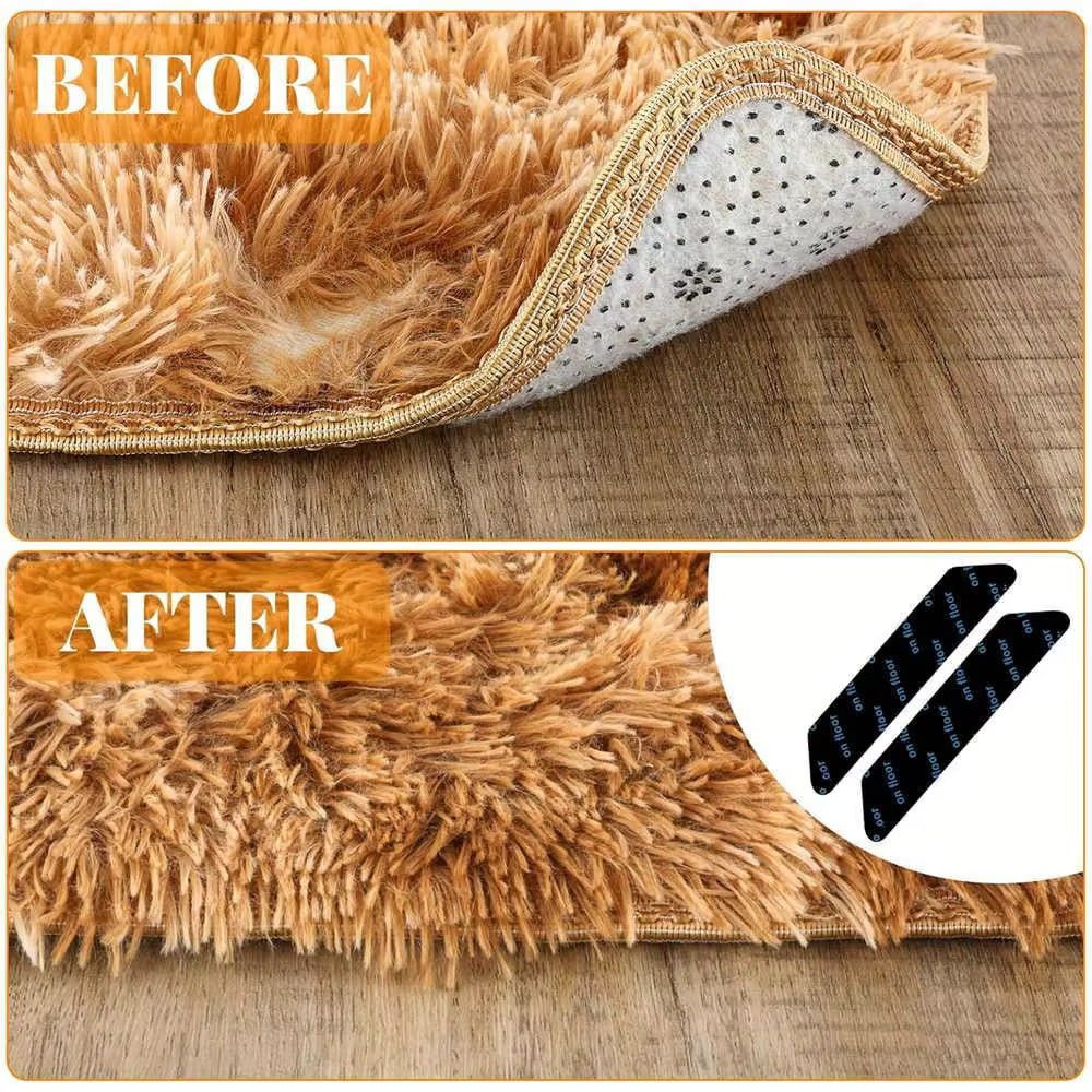 Before and after: rug corner held in place with black non-slip grip tabs