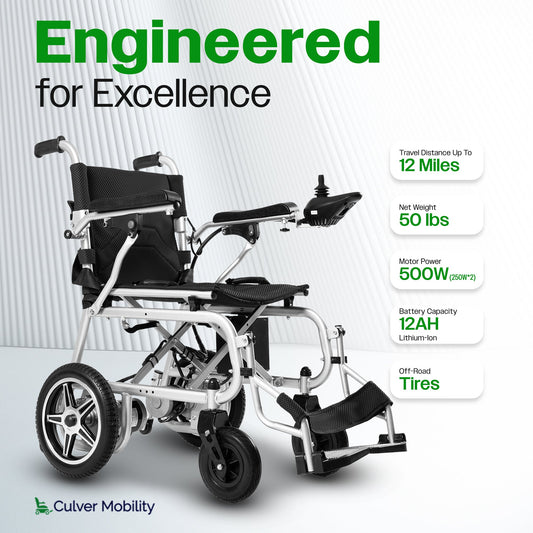 Electric wheelchair with specifications on a white background, featuring the brand 'Culver Mobility'.