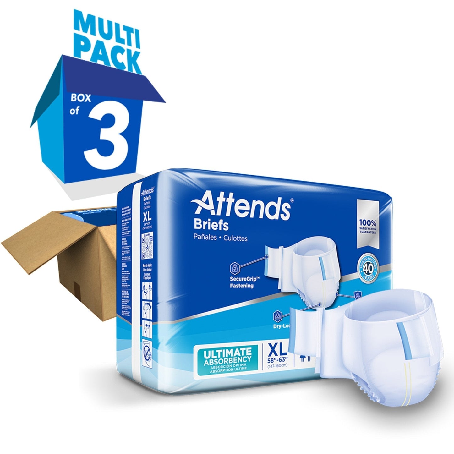 Attends briefs ultimate absorbency, size XL, multi pack, box of 3