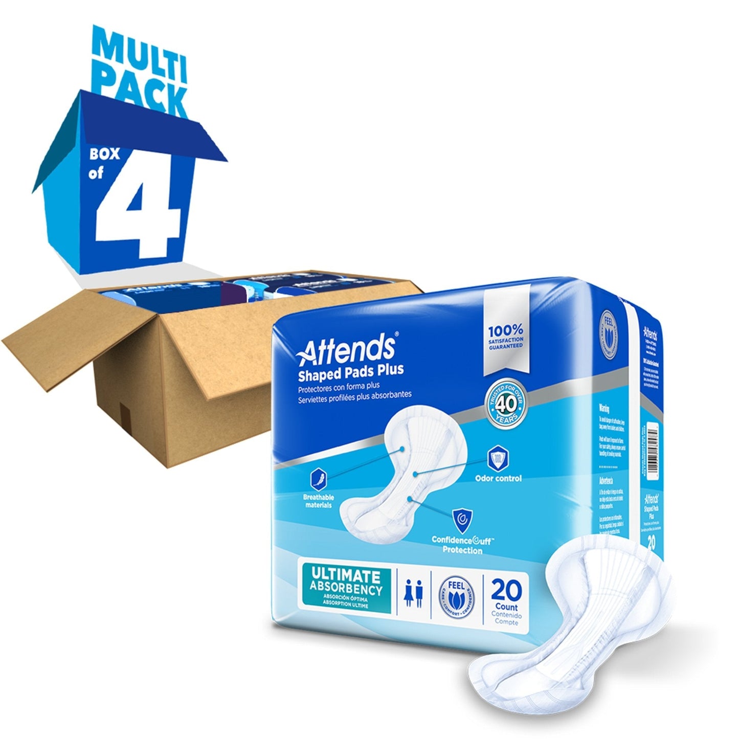 Multi pack case of Shaped Pads Plus: 4 boxes, 80 count total, ultimate absorbency