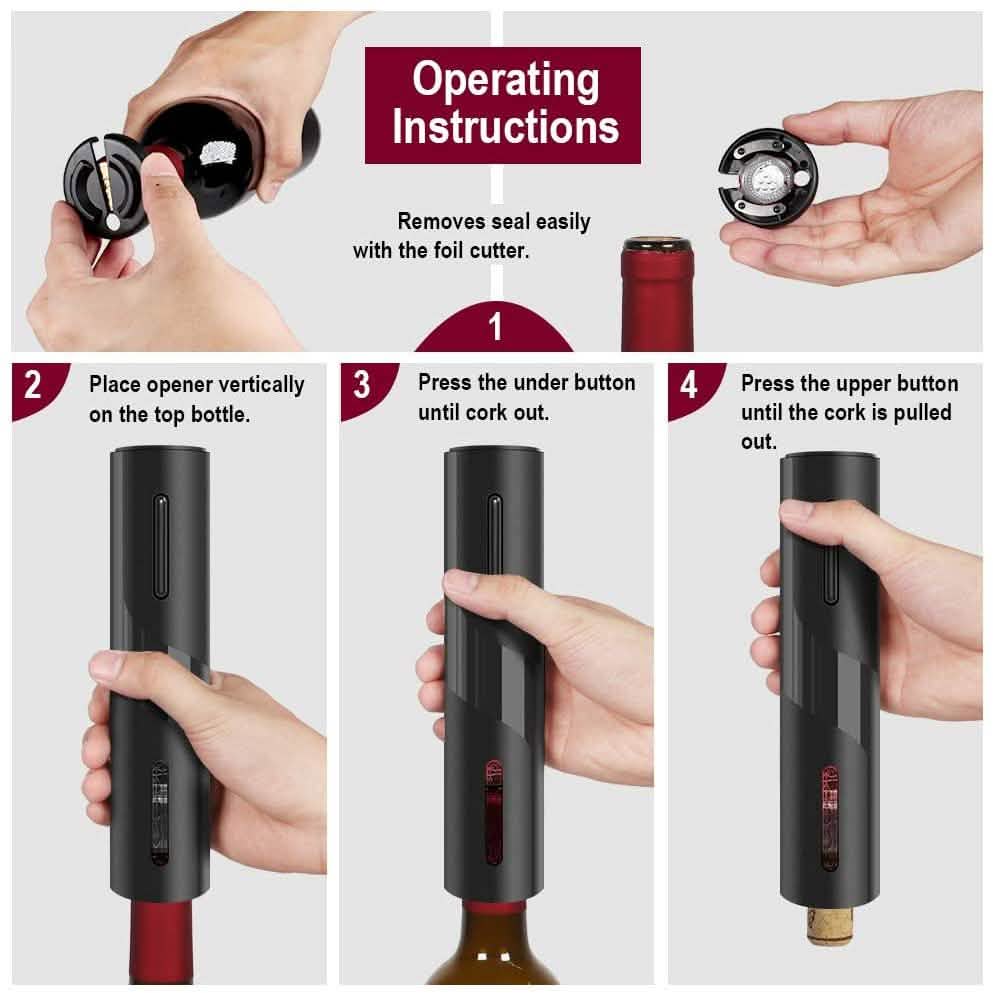 Automatic wine bottle corkscrew opener showing hands operating buttons to pull cork