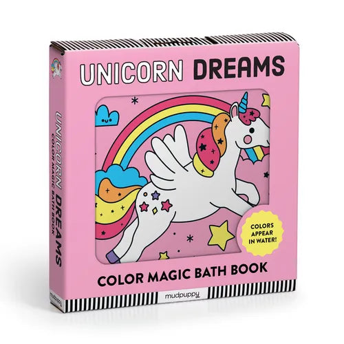 Color magic bath book, vinyl-bound, pink cover with unicorn and rainbow illustration