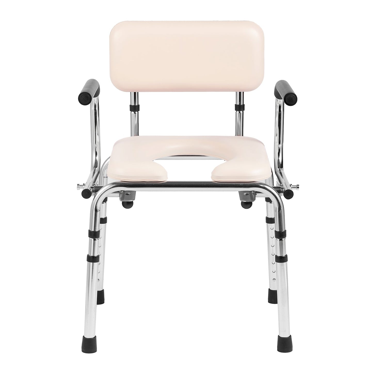 Front view adjustable commode chair with beige padded seat, backrest, and black arm handles