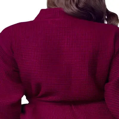 Wine red waffle robe back view with belt tie and textured long sleeves