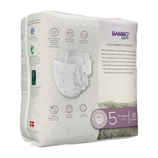 Bambo Nature Dream eco-friendly diapers, Size 5 (25 diapers) with badge icons