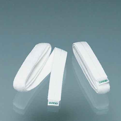White fabric leg bag straps, padded webbing with stitched ends