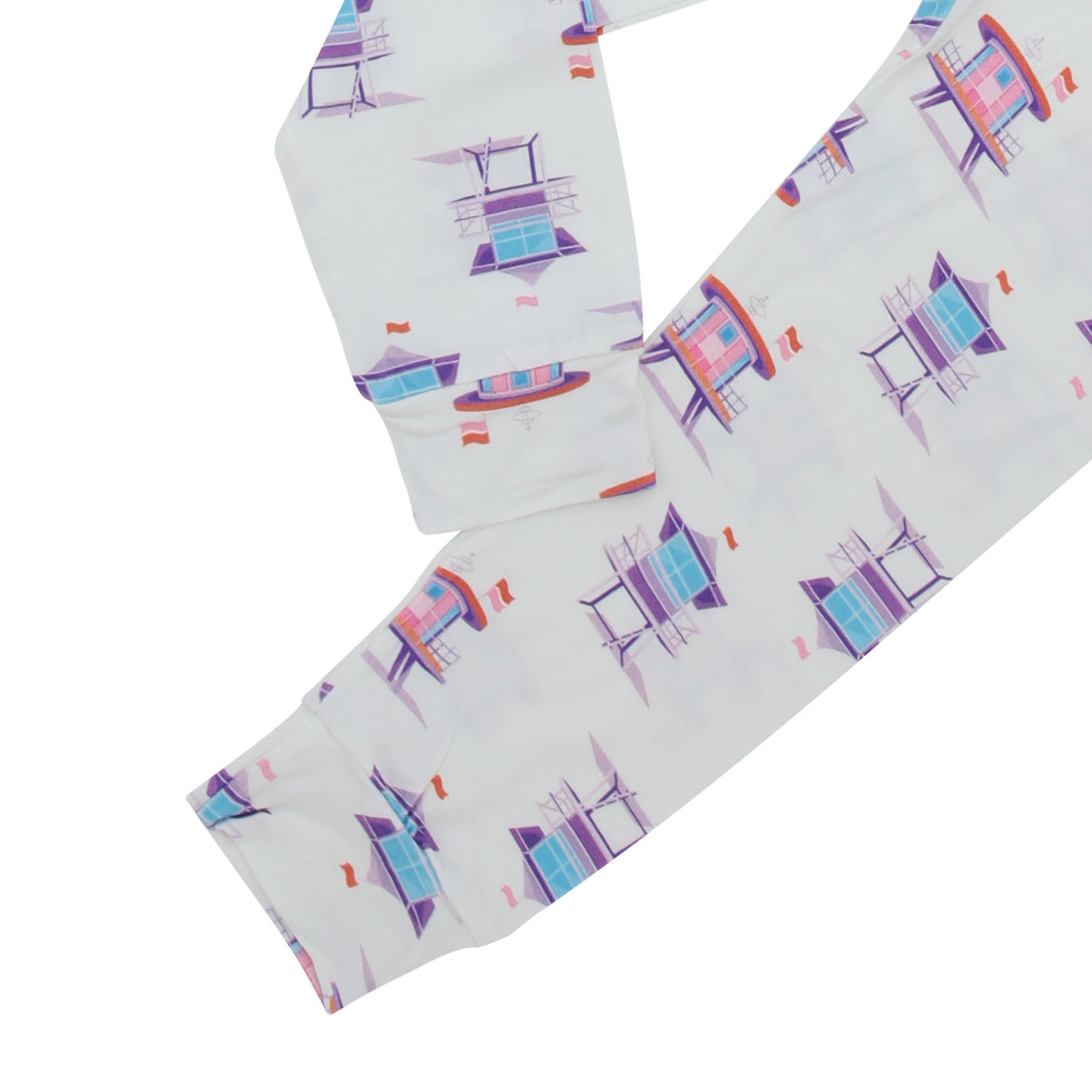 Kids pants, white with beach chair print in pink, purple, teal, and orange