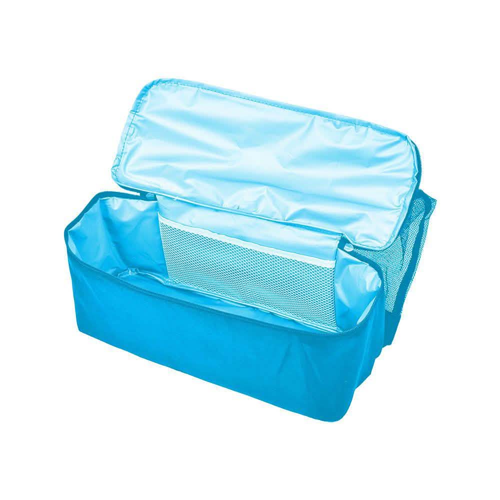 Blue insulated cooler tote bag with lid open, silver lining, and zippered interior pocket