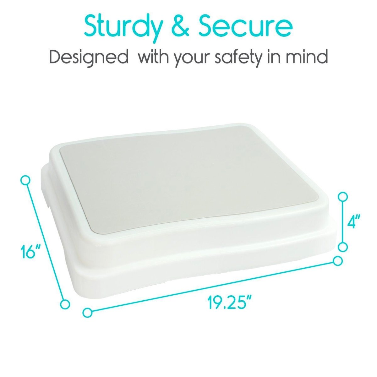 Bed step size 19.25×16×4 in; sturdy wide base with rounded top, light blue/gray