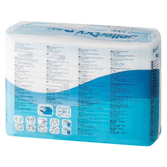 Adult diapers outer packaging back with size and usage text on white-and-blue