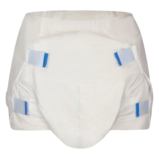 White adult pull-up style diaper with blue side tabs, plastic backing