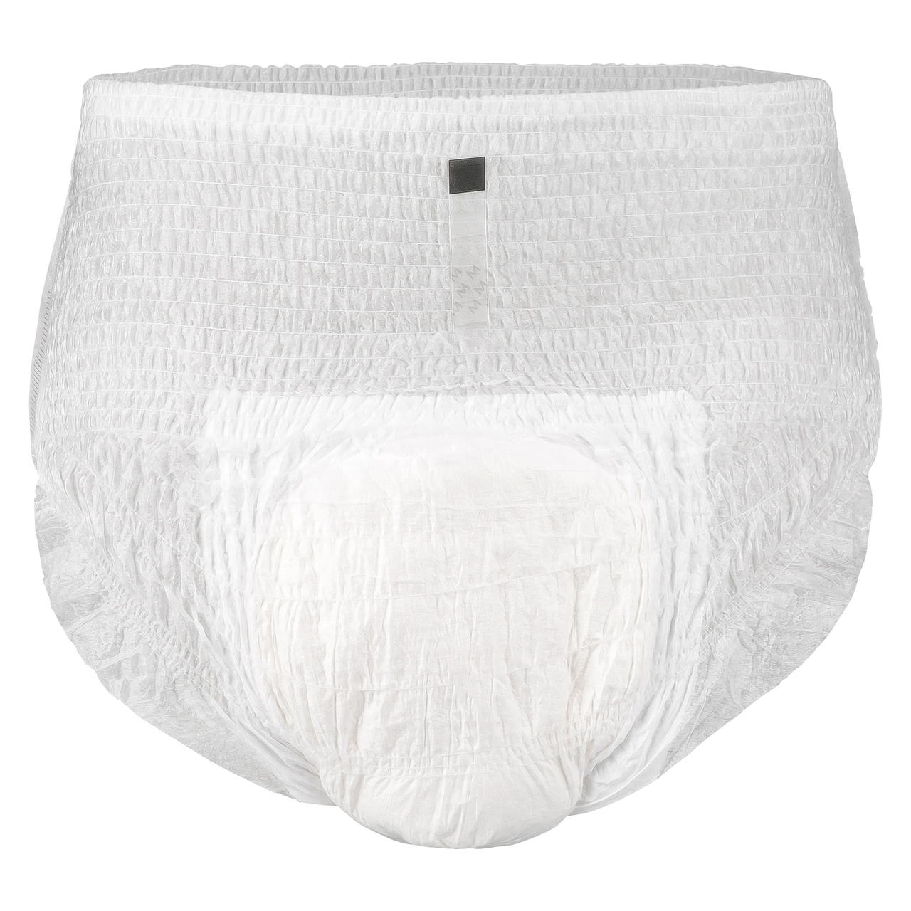 White pull-on adult diaper, rear/side view with textured surface and small label