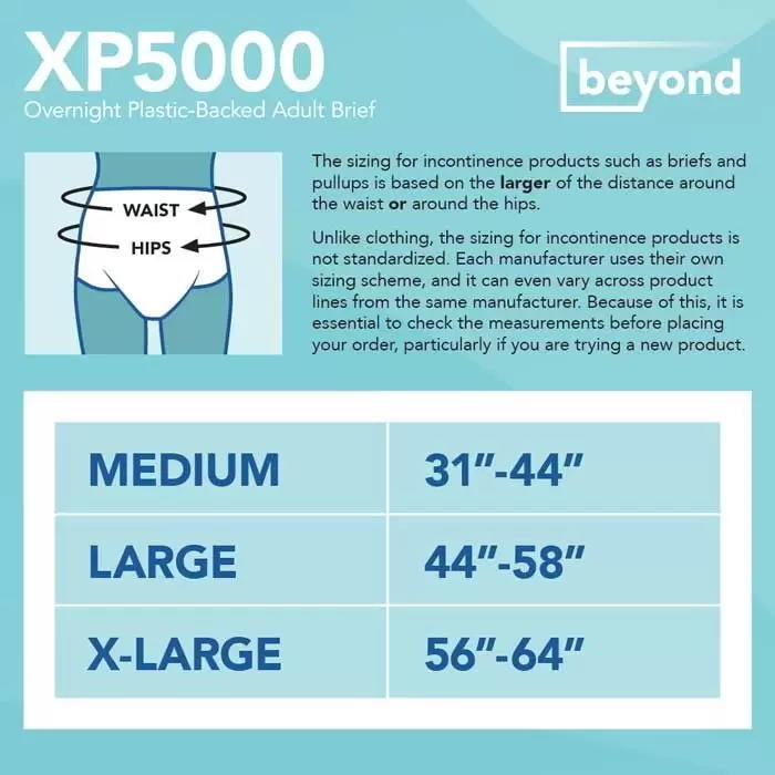 XP5000 sizing chart: medium 31–44 in, large 44–58 in, x-large 56–64 in