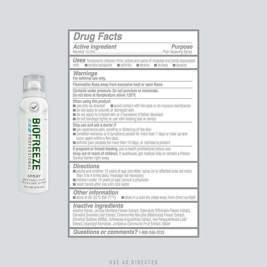 Biofreeze pain relief spray bottle back label with Drug Facts and warnings panel