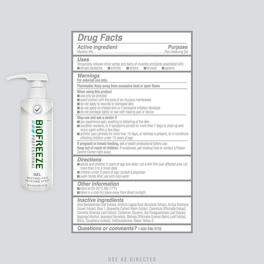 Biofreeze Professional pain relief gel bottle label, drug facts panel, green