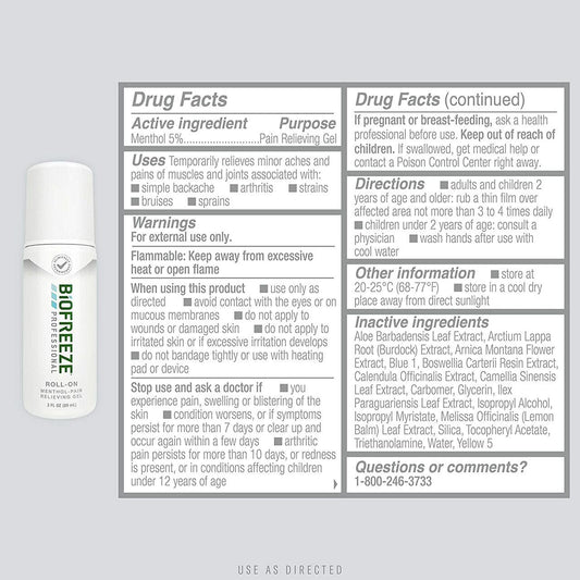 Roll-on pain relief gel bottle back label, Drug Facts, green menthol, 3 fl oz