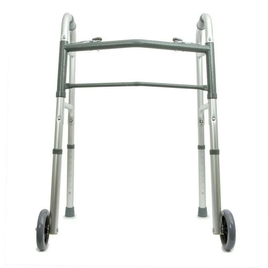 Folding walker frame front view with teal top bar and caster wheels