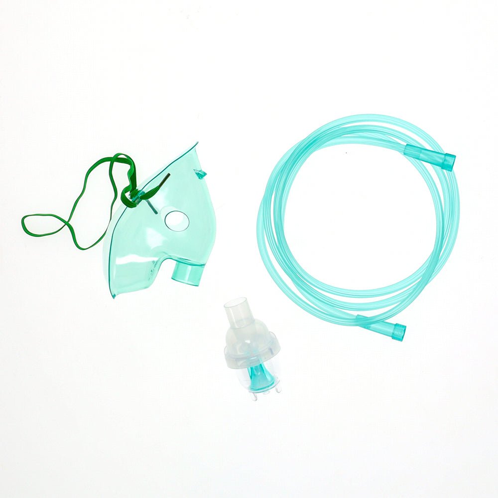 Adult reusable nebulizer kit with clear mask, medicine cup, and mint tubing