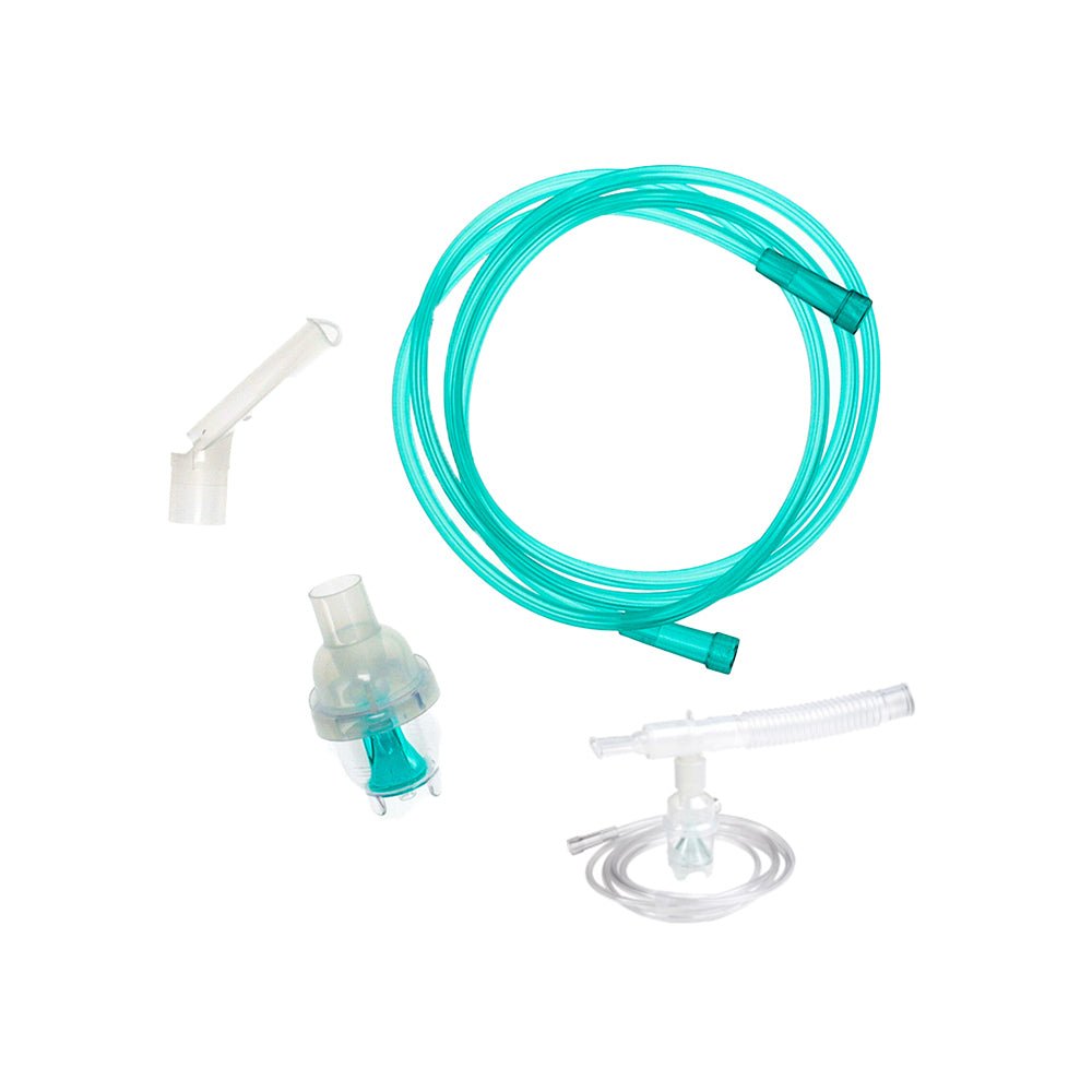 Nebulizer mouthpiece delivery kit with turquoise tubing, T-piece connector, and chamber parts