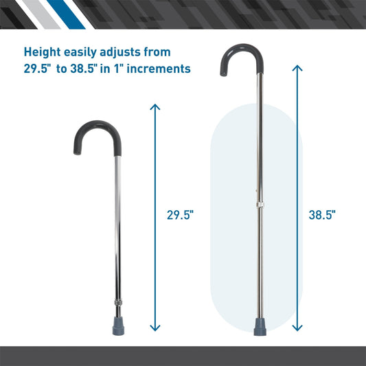 Adjustable height cane showing two positions with 29.5 to 38.5 inch range
