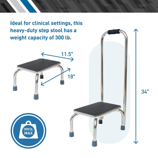 Black platform step stool with chrome frame, curved handle, and four rubber feet.