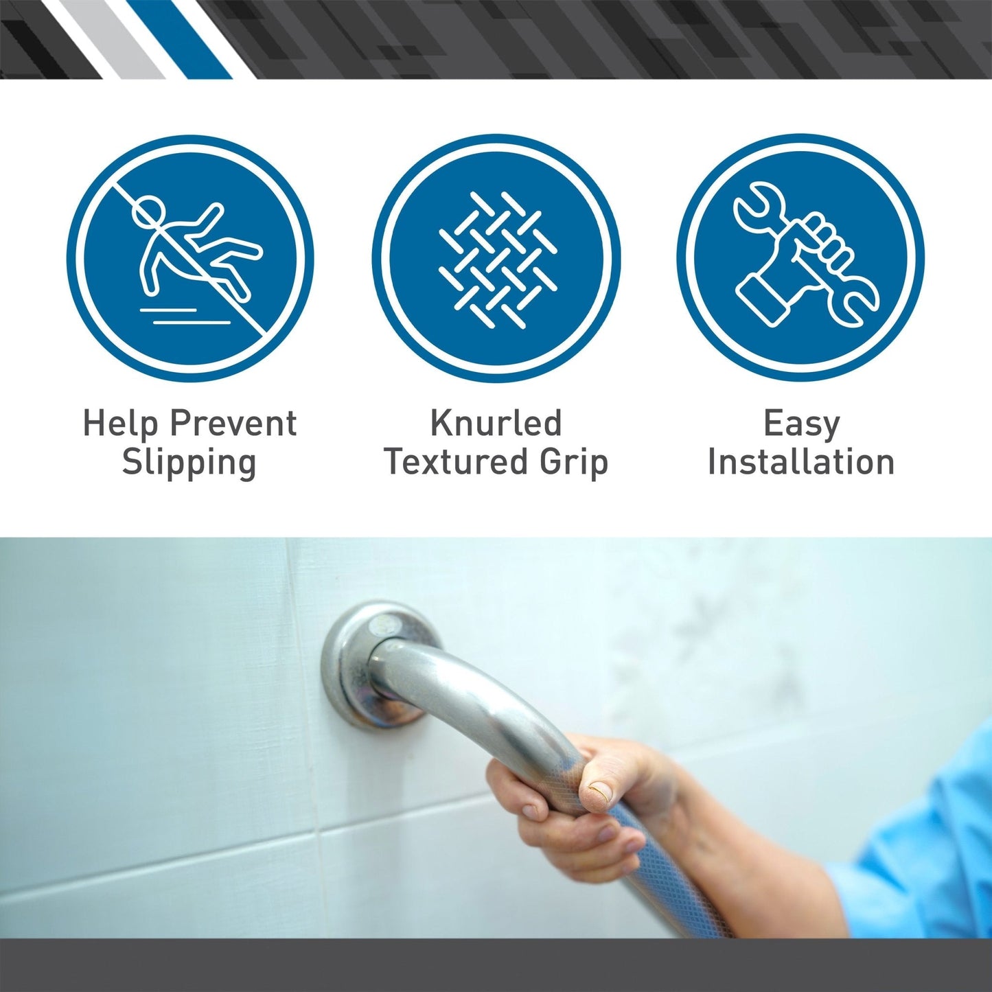 Hand holding chrome wall grab bar with textured grip and wall-mounted flange