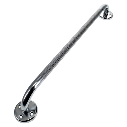Chrome grab bar end with textured grip, three-hole flange and mounting screws