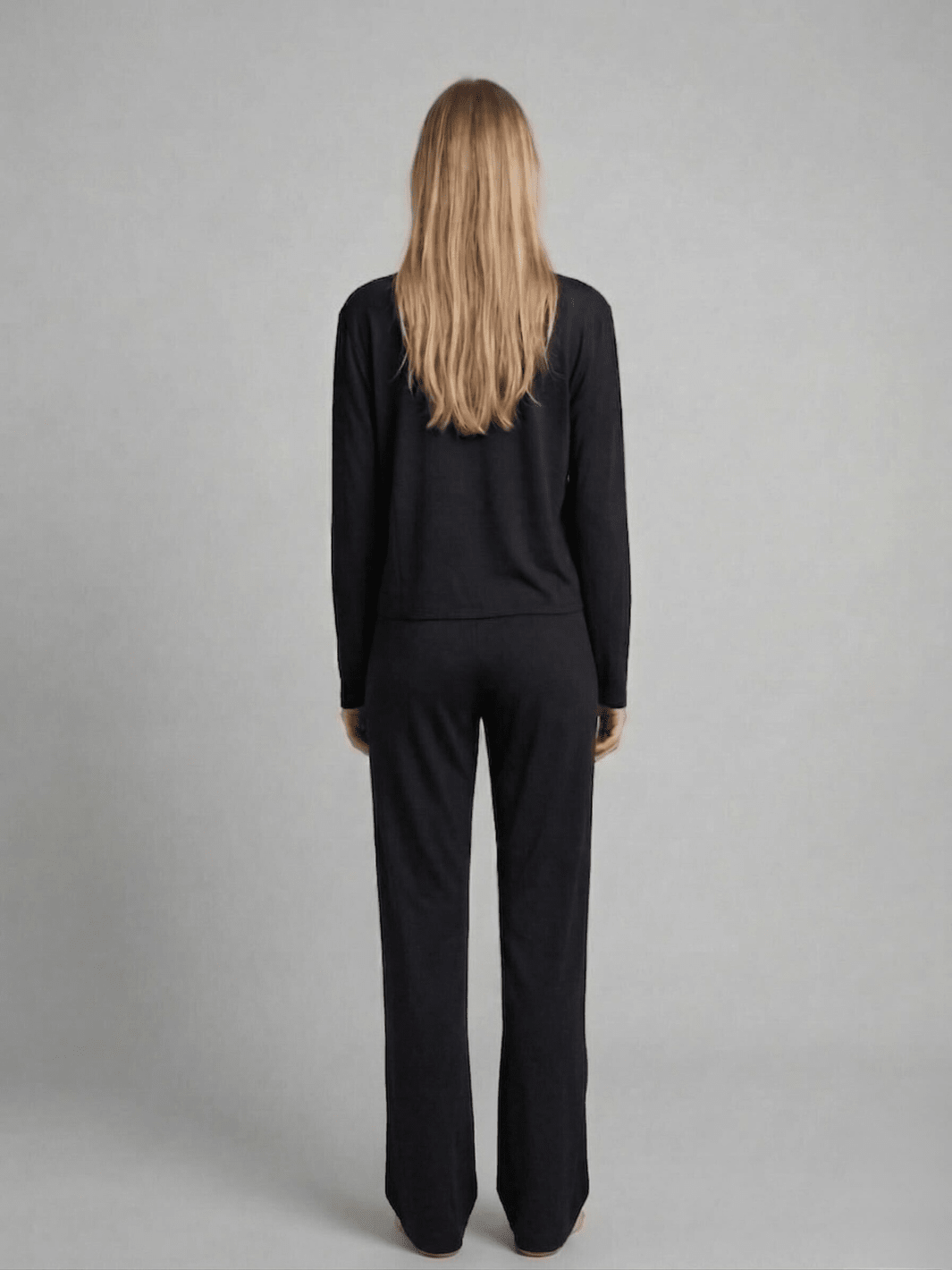 Butter Soft pajama set in black, back view of long-sleeve top and lounge pants