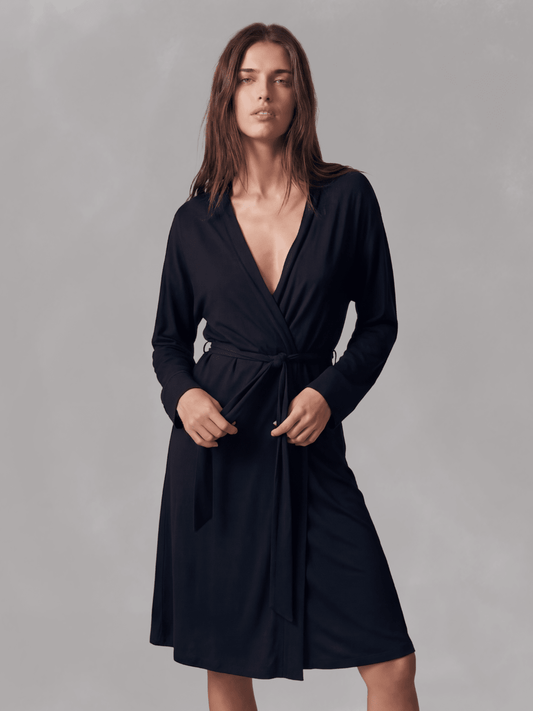 Black wrap robe with V-neck, long sleeves, belt tie and side pockets