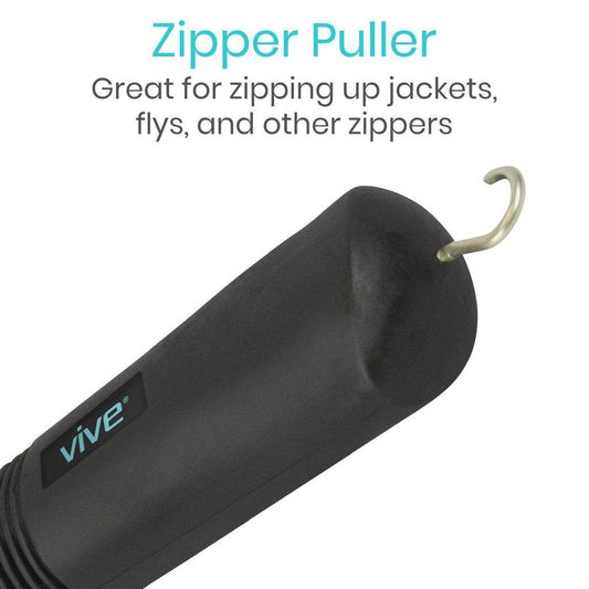 Button hook tool close-up with black handle and metal loop prongs