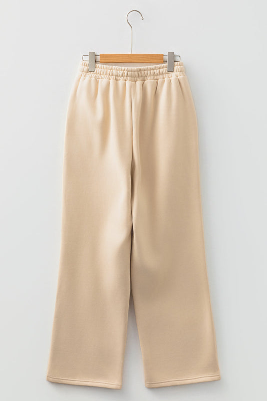 Oatmeal elastic waist solid pants, relaxed straight silhouette