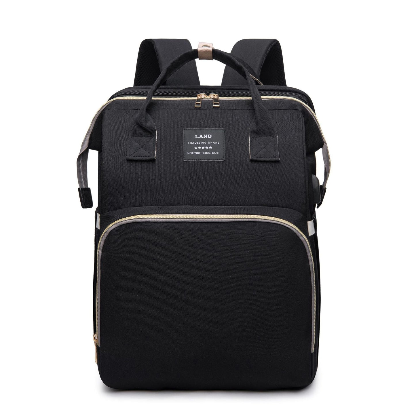 Black insulated baby crib backpack with front zip pocket, top handle, and side straps