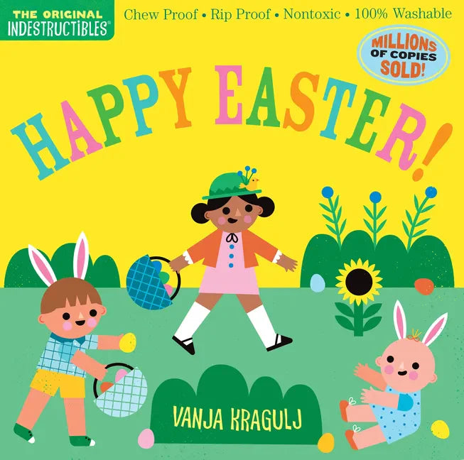 Happy Easter! Indestructibles board book cover with two kids and Easter bunny in garden