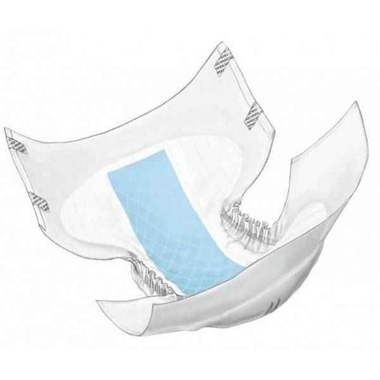 White quilted adult briefs with blue absorbent panel, side wings, elastic waistband
